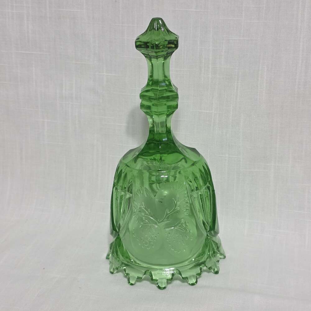 Vintage Green Glass Bell Strawberry Pattern Scalloped Edge Decorative 7.5"